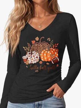Huukeay Women's Fall Thanksgiving Pumpkin Long Sleeve V-Neck Top